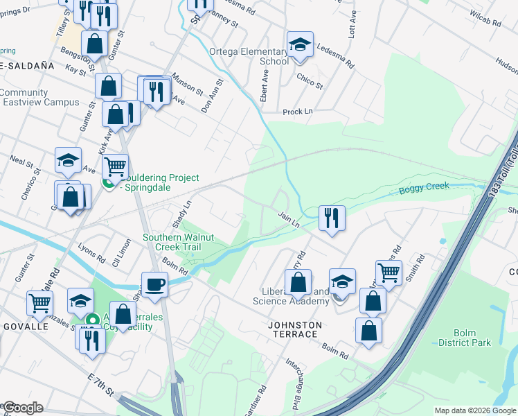 map of restaurants, bars, coffee shops, grocery stores, and more near 5401 Stuart Circle in Austin