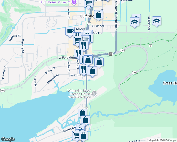 map of restaurants, bars, coffee shops, grocery stores, and more near 1220 Gulf Shores Parkway in Gulf Shores