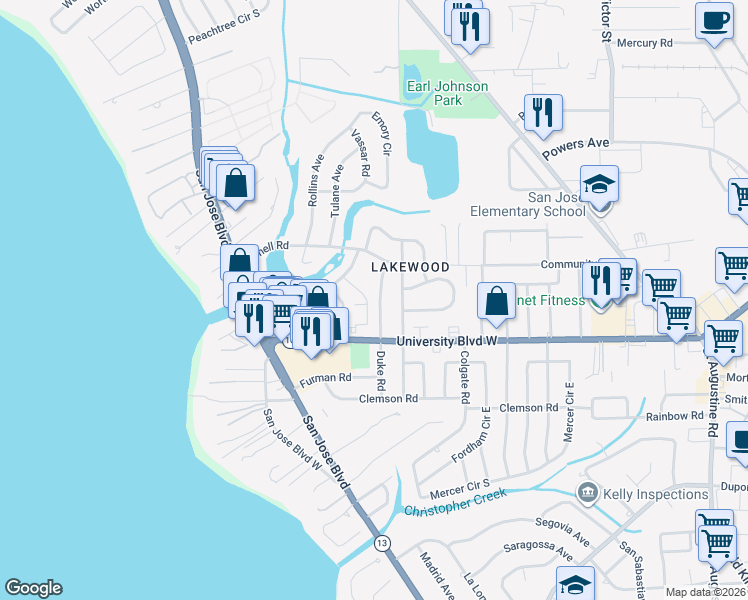 map of restaurants, bars, coffee shops, grocery stores, and more near 5522 Duke Road in Jacksonville