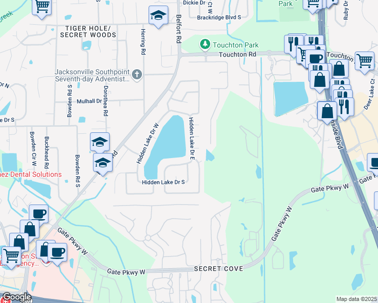 map of restaurants, bars, coffee shops, grocery stores, and more near 3308 Hidden Lake Drive East in Jacksonville