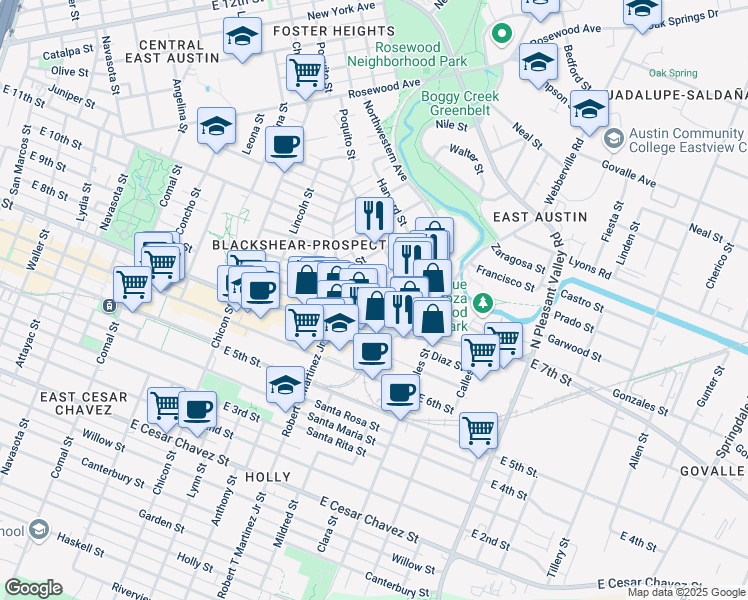 map of restaurants, bars, coffee shops, grocery stores, and more near 2300 Webberville Road in Austin