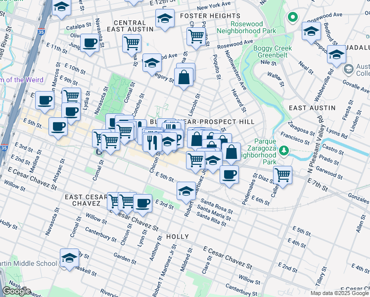 map of restaurants, bars, coffee shops, grocery stores, and more near 2002 East 7th Street in Austin