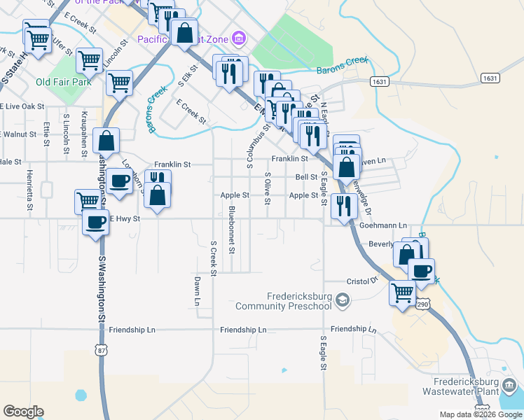 map of restaurants, bars, coffee shops, grocery stores, and more near 508 South Olive Street in Fredericksburg