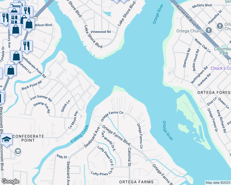 map of restaurants, bars, coffee shops, grocery stores, and more near 4347 Ortega Farms Circle in Jacksonville