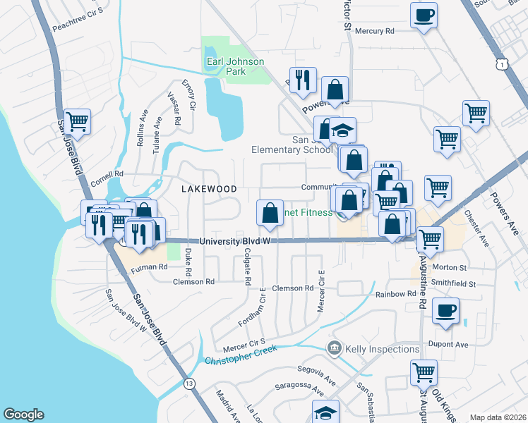map of restaurants, bars, coffee shops, grocery stores, and more near 5545 Patsy Anne Drive in Jacksonville