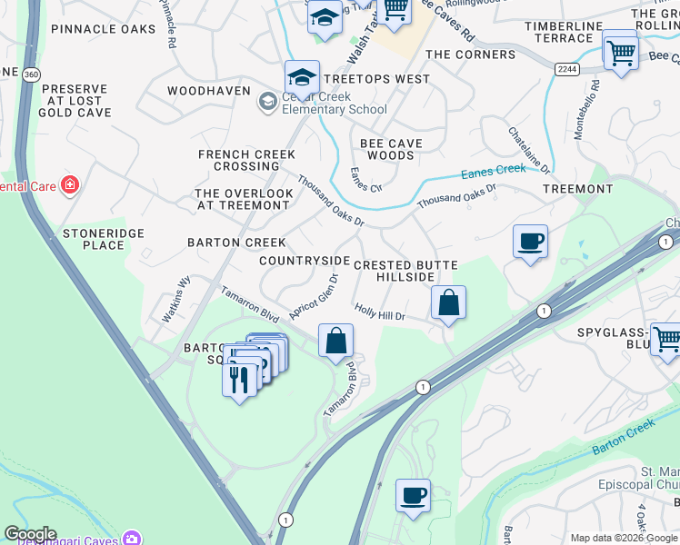 map of restaurants, bars, coffee shops, grocery stores, and more near 1905 Apricot Glen Drive in Austin