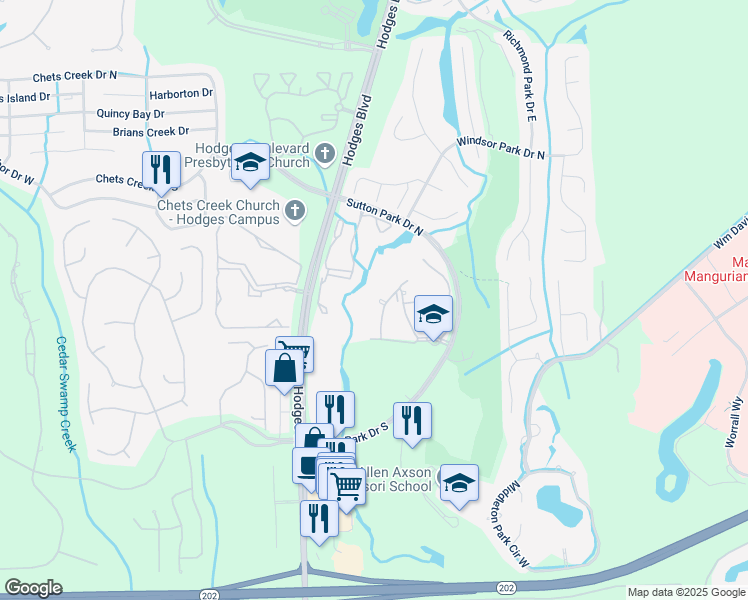 map of restaurants, bars, coffee shops, grocery stores, and more near 13810 Sutton Park Drive North in Jacksonville