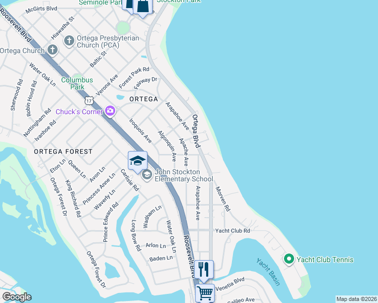 map of restaurants, bars, coffee shops, grocery stores, and more near 4790 Ortega Boulevard in Jacksonville
