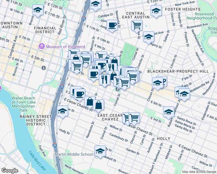 map of restaurants, bars, coffee shops, grocery stores, and more near in Austin