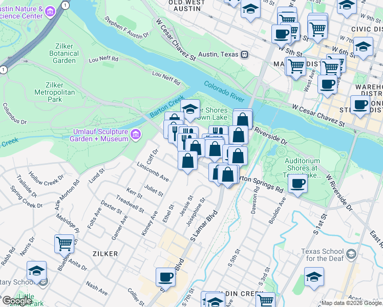 map of restaurants, bars, coffee shops, grocery stores, and more near 1600 Barton Springs Road in Austin
