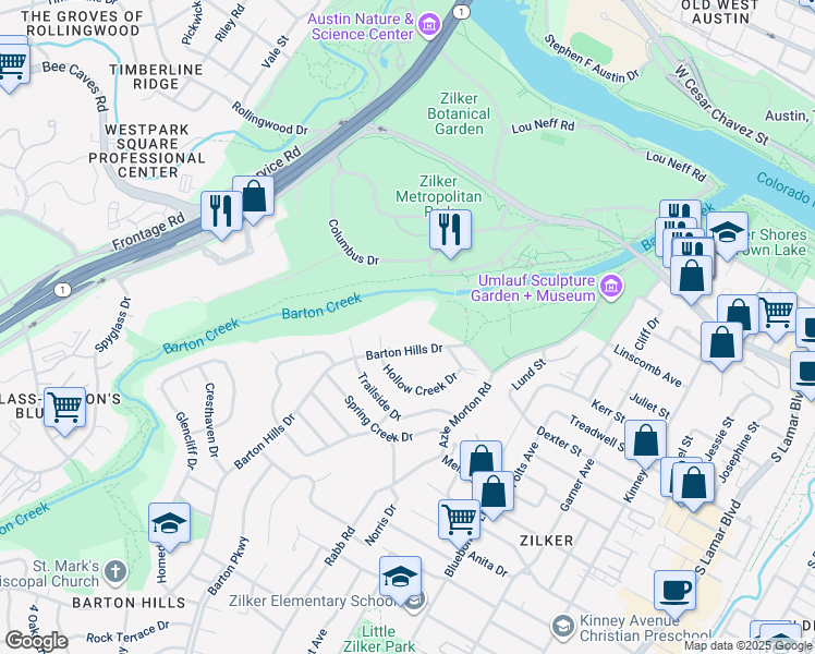 map of restaurants, bars, coffee shops, grocery stores, and more near 1200 Barton Hills Drive in Austin