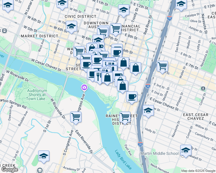 map of restaurants, bars, coffee shops, grocery stores, and more near 309 East Cesar Chavez Street in Austin