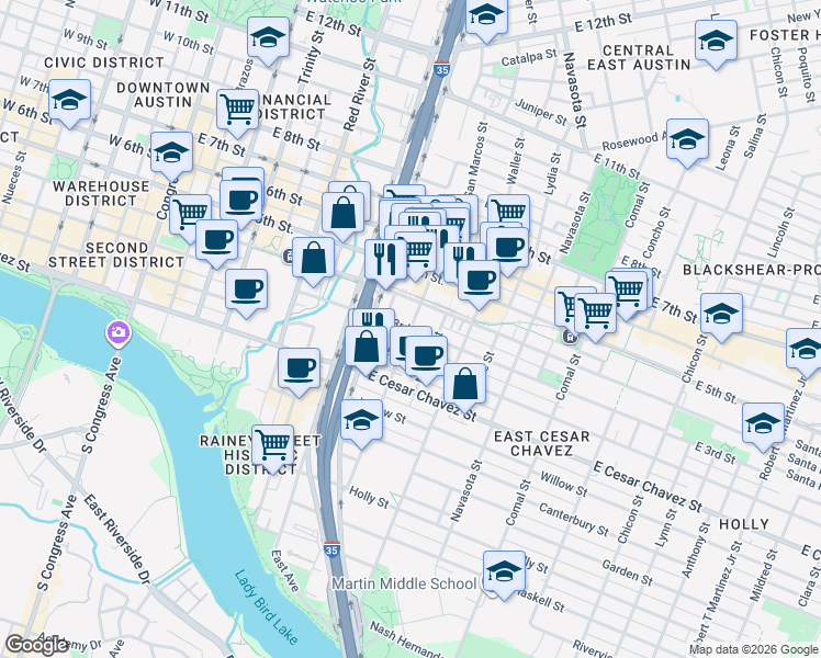 map of restaurants, bars, coffee shops, grocery stores, and more near 300 San Marcos Street in Austin