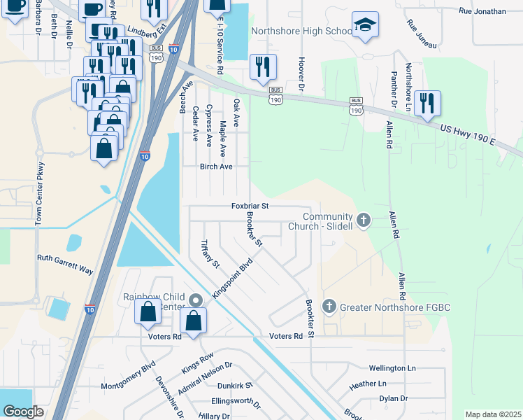 map of restaurants, bars, coffee shops, grocery stores, and more near 207 Foxbriar Street in Slidell