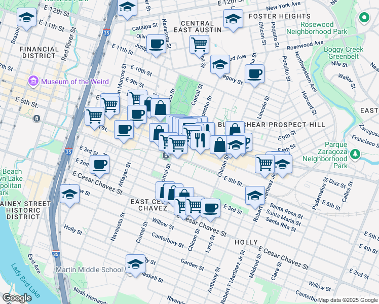 map of restaurants, bars, coffee shops, grocery stores, and more near 1623 East 6th Street in Austin
