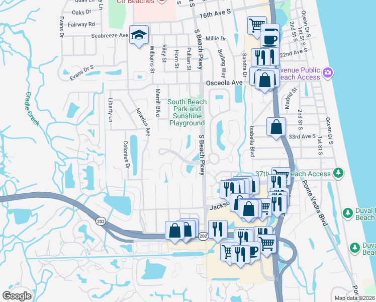 map of restaurants, bars, coffee shops, grocery stores, and more near 3446 Heron Drive South in Jacksonville Beach