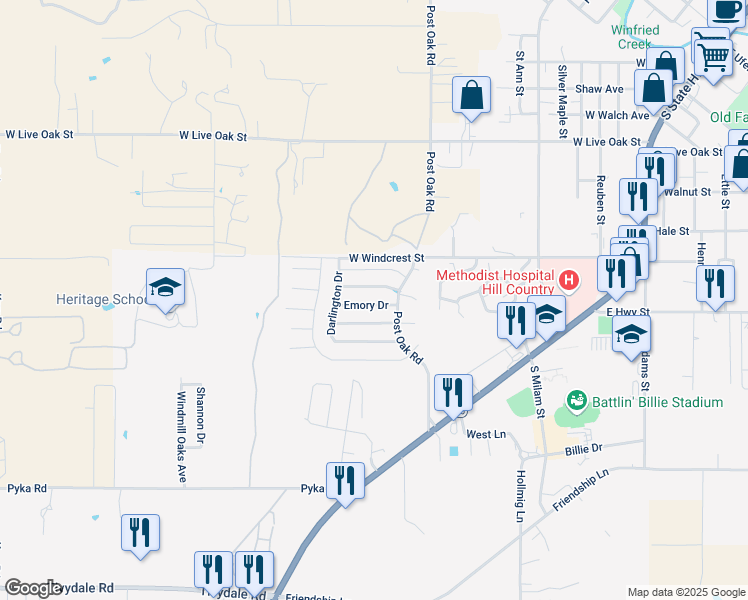 map of restaurants, bars, coffee shops, grocery stores, and more near 705 Emory Drive in Fredericksburg