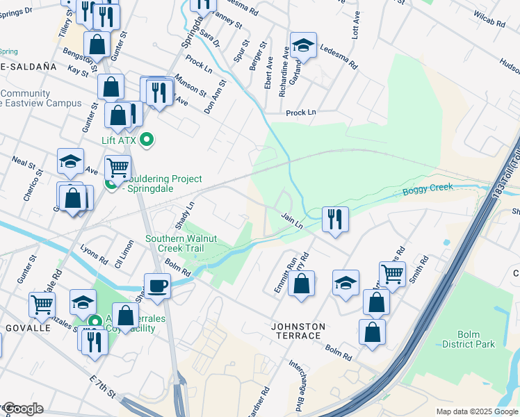 map of restaurants, bars, coffee shops, grocery stores, and more near 5401 Stuart Circle in Austin