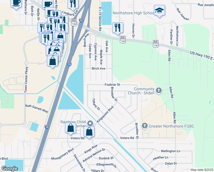 map of restaurants, bars, coffee shops, grocery stores, and more near 129 Foxbriar Street in Slidell