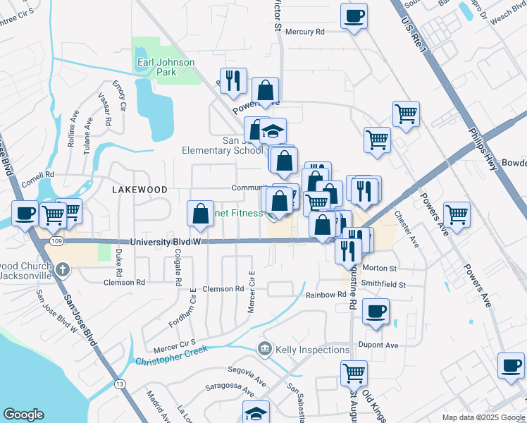 map of restaurants, bars, coffee shops, grocery stores, and more near 5559 Nettie Rd in Jacksonville