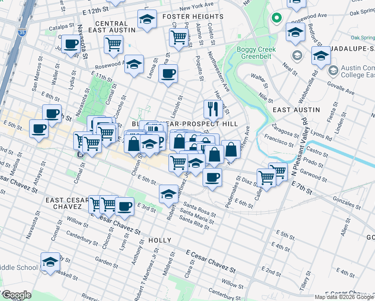 map of restaurants, bars, coffee shops, grocery stores, and more near 2103 East 8th Street in Austin