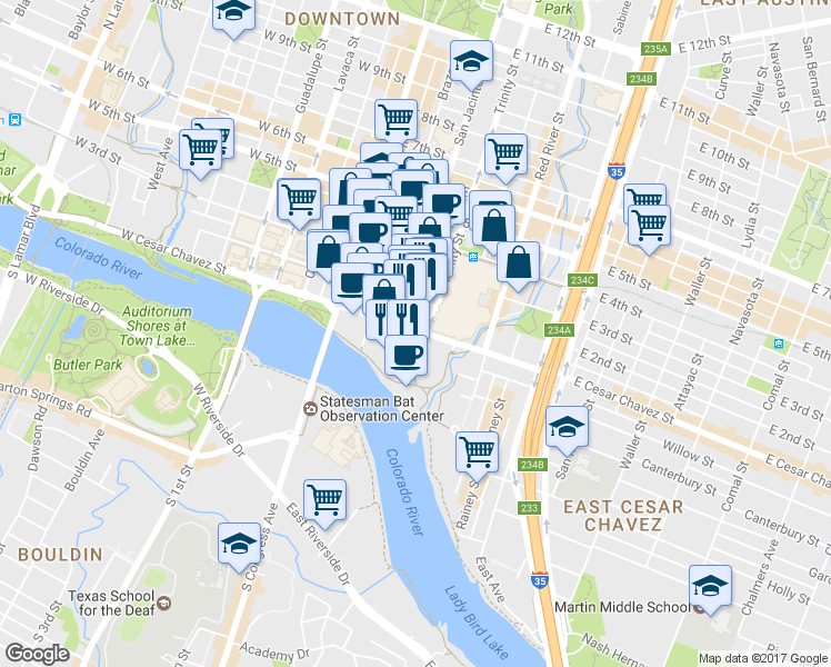 map of restaurants, bars, coffee shops, grocery stores, and more near 315 East 1st Street in Austin