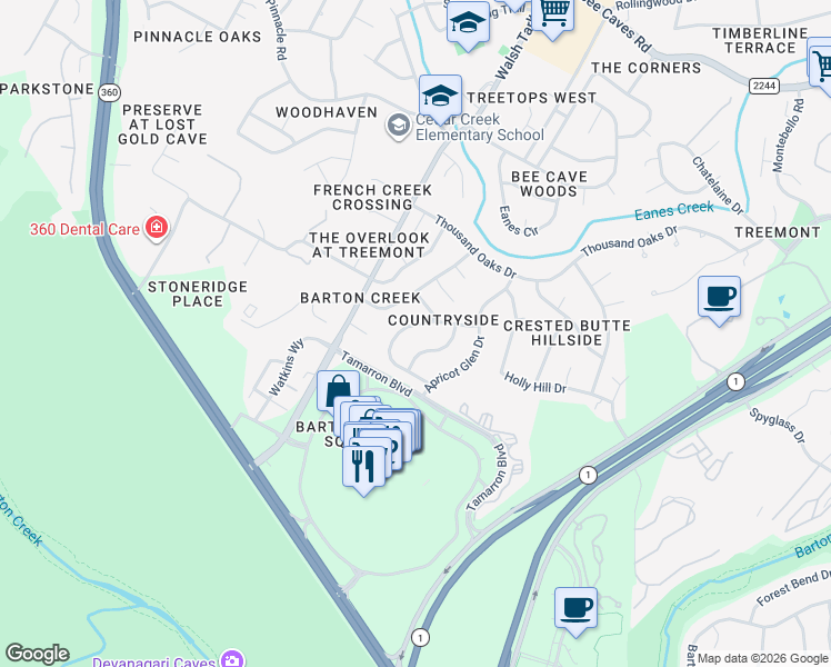 map of restaurants, bars, coffee shops, grocery stores, and more near 2005 Wychwood Drive in Austin