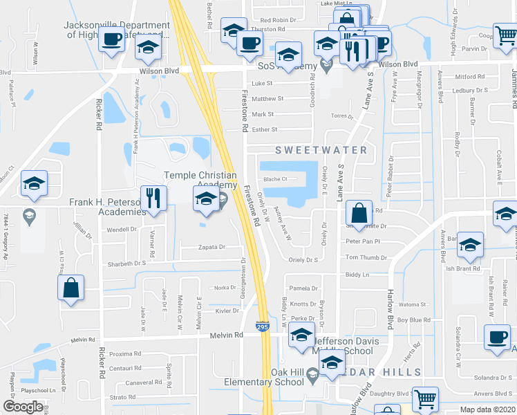 map of restaurants, bars, coffee shops, grocery stores, and more near 4022 Oriely Drive West in Jacksonville
