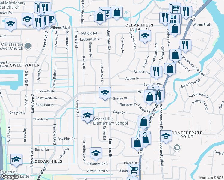 map of restaurants, bars, coffee shops, grocery stores, and more near 6349 Harlow Boulevard in Jacksonville