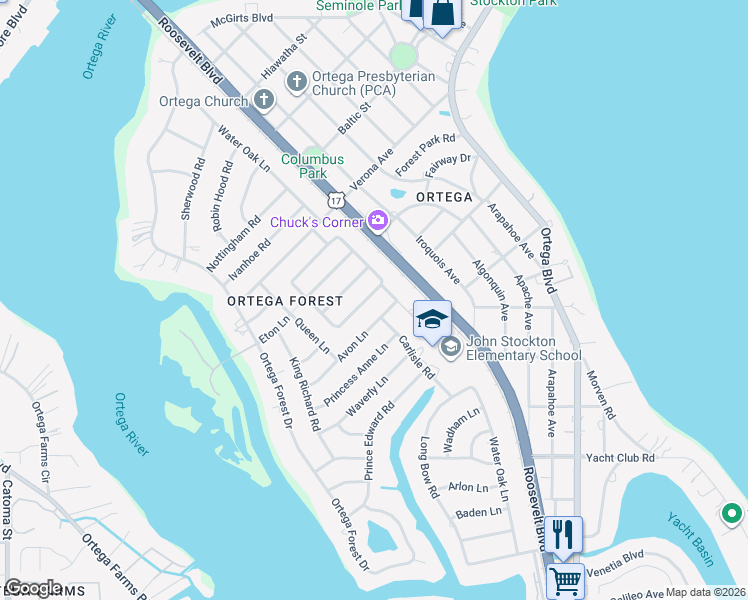 map of restaurants, bars, coffee shops, grocery stores, and more near 4622 Martingale Road in Jacksonville
