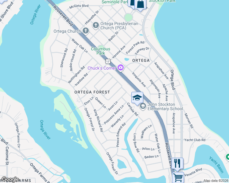 map of restaurants, bars, coffee shops, grocery stores, and more near 4622 Martingale Road in Jacksonville