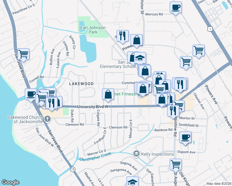 map of restaurants, bars, coffee shops, grocery stores, and more near 5618 Orangewood Road in Jacksonville