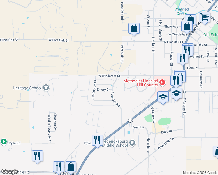 map of restaurants, bars, coffee shops, grocery stores, and more near 1024 Post Oak Road in Fredericksburg