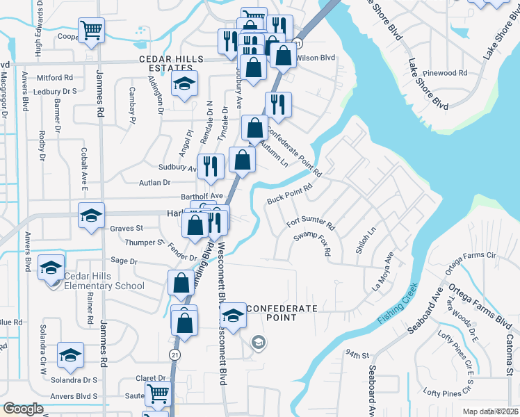 map of restaurants, bars, coffee shops, grocery stores, and more near 4302 Buck Point Road in Jacksonville