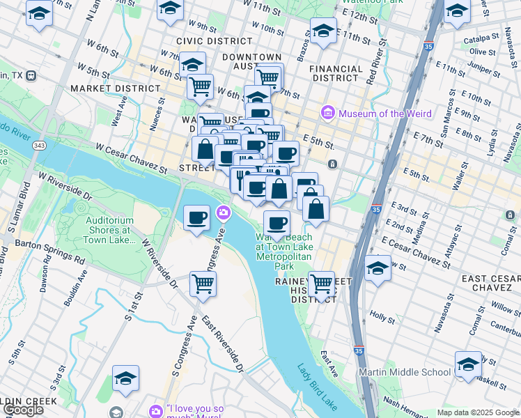 map of restaurants, bars, coffee shops, grocery stores, and more near 98 San Jacinto Boulevard in Austin