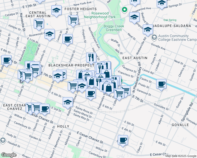 map of restaurants, bars, coffee shops, grocery stores, and more near 2505 Webberville Road in Austin