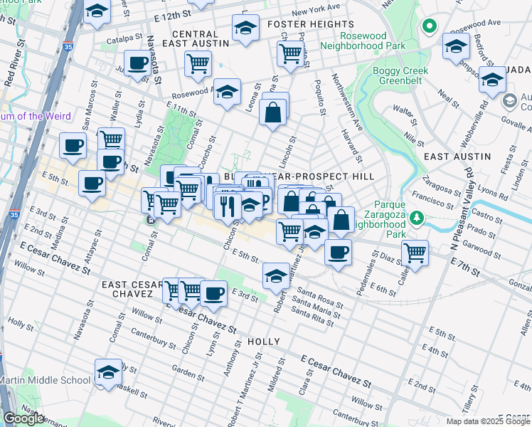 map of restaurants, bars, coffee shops, grocery stores, and more near 1918 East 7th Street in Austin