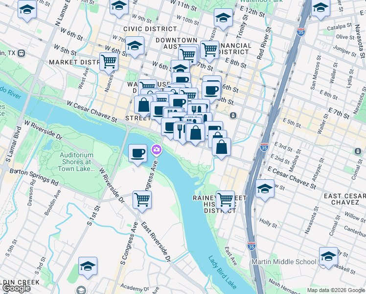 map of restaurants, bars, coffee shops, grocery stores, and more near 98 San Jacinto Boulevard in Austin