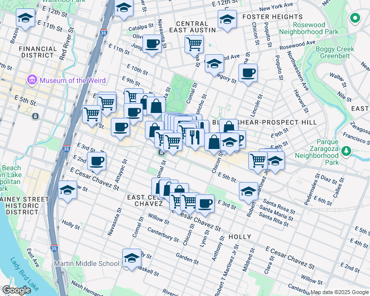 map of restaurants, bars, coffee shops, grocery stores, and more near 1621 East 6th Street in Austin