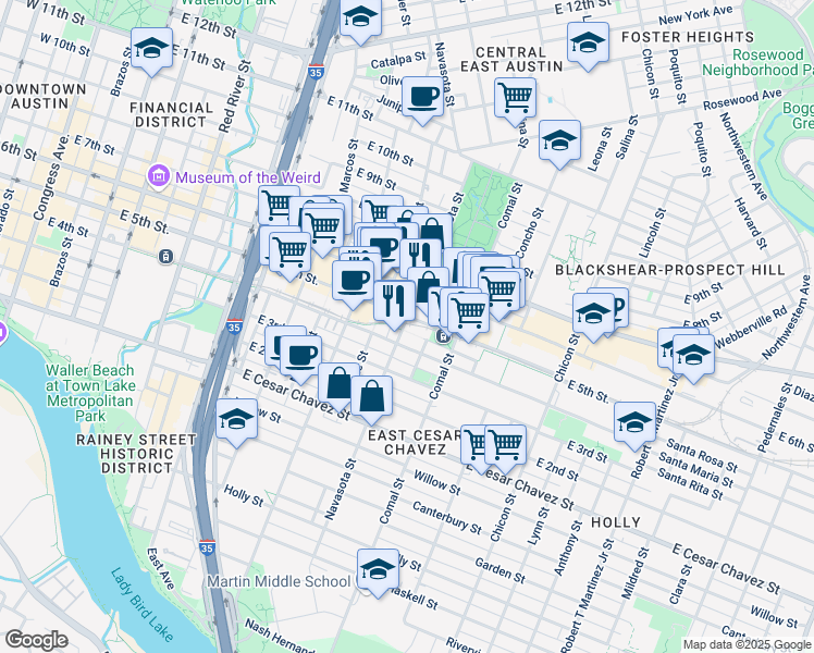map of restaurants, bars, coffee shops, grocery stores, and more near 413 Navasota Street in Austin