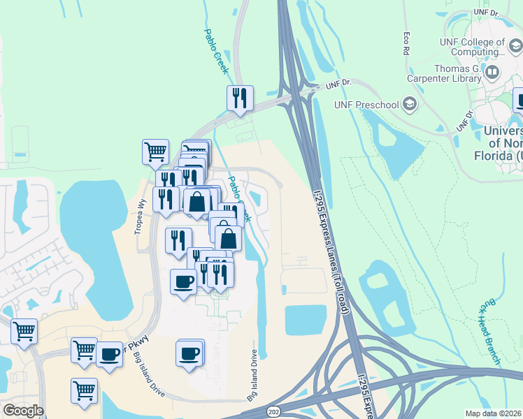 map of restaurants, bars, coffee shops, grocery stores, and more near 4494 Capital Dome Drive in Jacksonville
