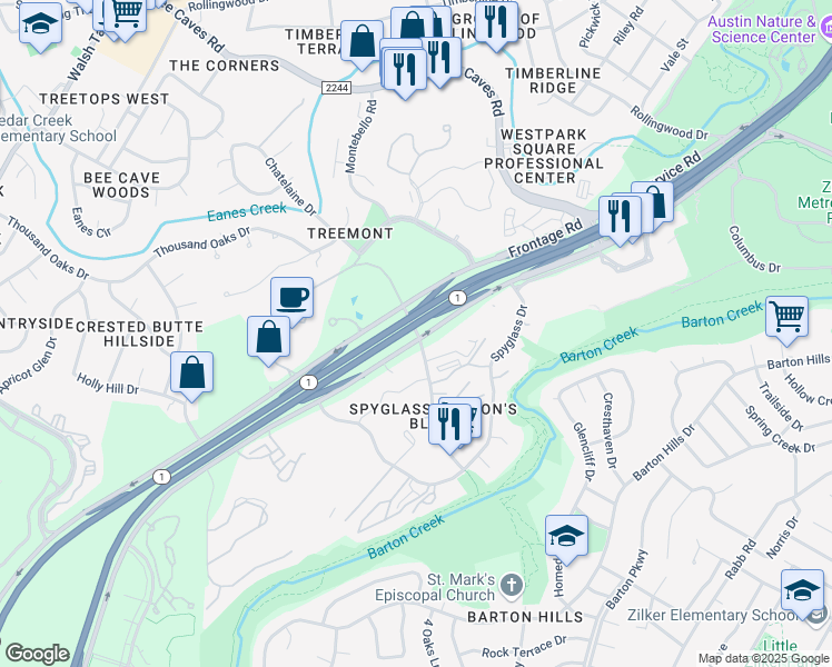 map of restaurants, bars, coffee shops, grocery stores, and more near 1998 Mo-Pac Expressway in Austin