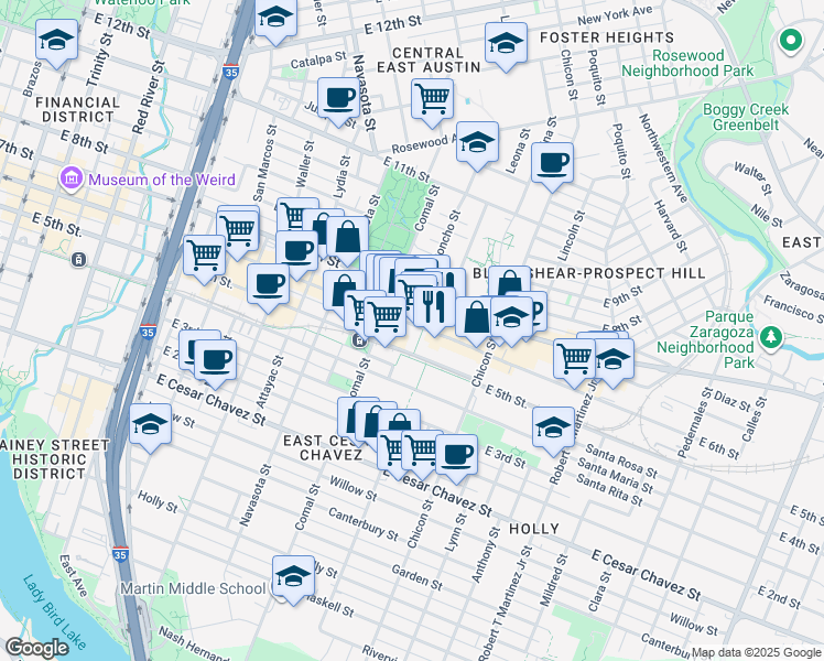 map of restaurants, bars, coffee shops, grocery stores, and more near 1648 East 6th Street in Austin