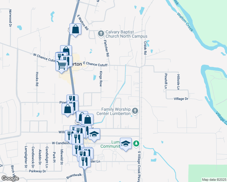 map of restaurants, bars, coffee shops, grocery stores, and more near 150 Ned Road in Lumberton