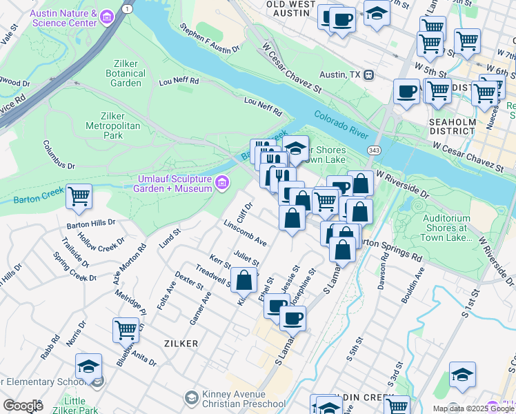 map of restaurants, bars, coffee shops, grocery stores, and more near 502 Cater Drive in Austin