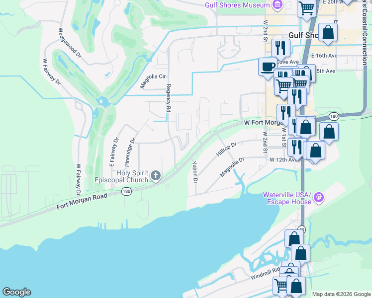 map of restaurants, bars, coffee shops, grocery stores, and more near 1417 Cresent Boulevard in Gulf Shores