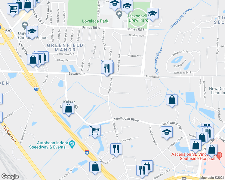map of restaurants, bars, coffee shops, grocery stores, and more near 100 Bennett Creek Drive in Jacksonville