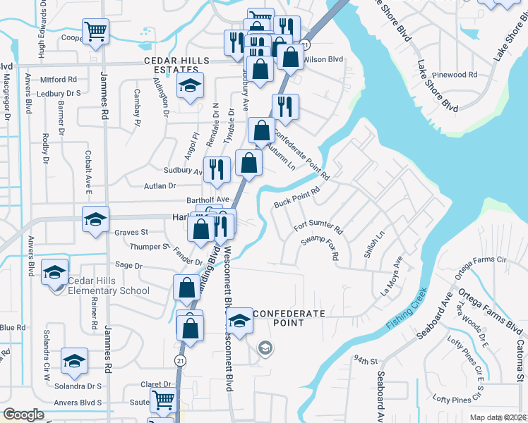 map of restaurants, bars, coffee shops, grocery stores, and more near 4302 Buck Point Road in Jacksonville
