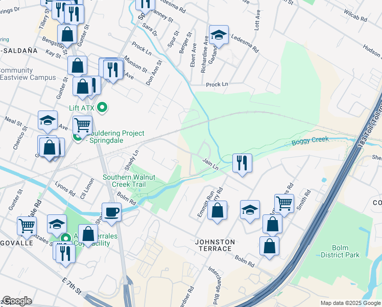 map of restaurants, bars, coffee shops, grocery stores, and more near 5401 Stuart Circle in Austin