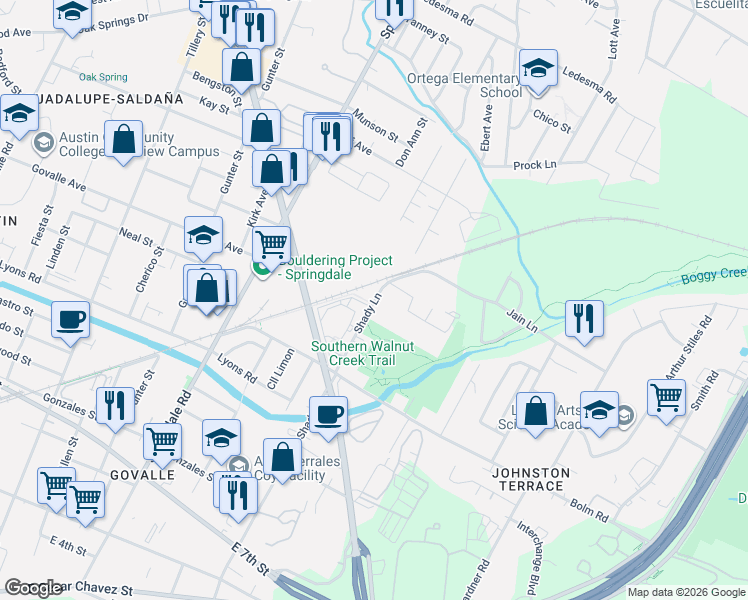 map of restaurants, bars, coffee shops, grocery stores, and more near 1142 Shady Lane in Austin